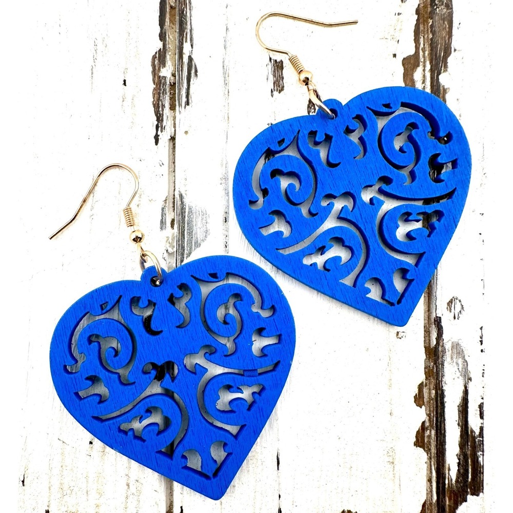 Cobalt Blue Filigree Heart Stained‎ Laser Cut Wood Earrings